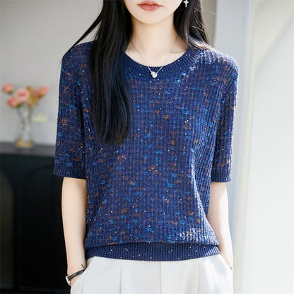 Melange Sequin Knit Top with Crew Neck and Elbow Sleeves