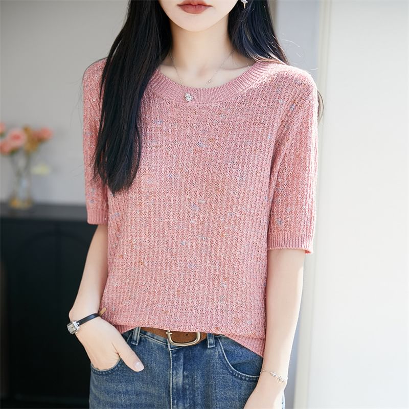 Melange Sequin Knit Top with Crew Neck and Elbow Sleeves