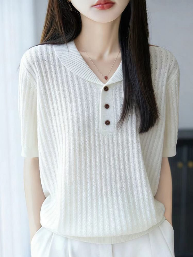 Short-Sleeve Shawl Collar Plain Cable Knit Top