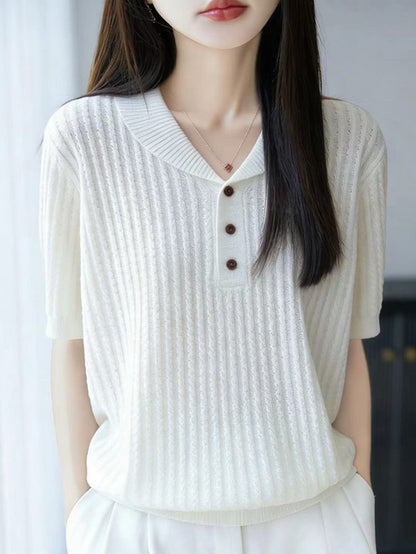 Short-Sleeve Shawl Collar Plain Cable Knit Top