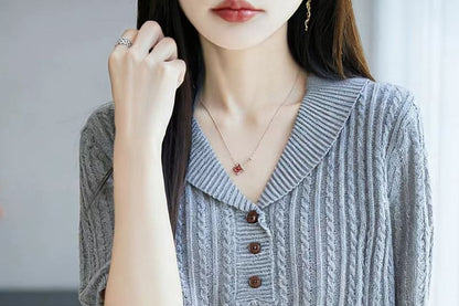 Short-Sleeve Shawl Collar Plain Cable Knit Top