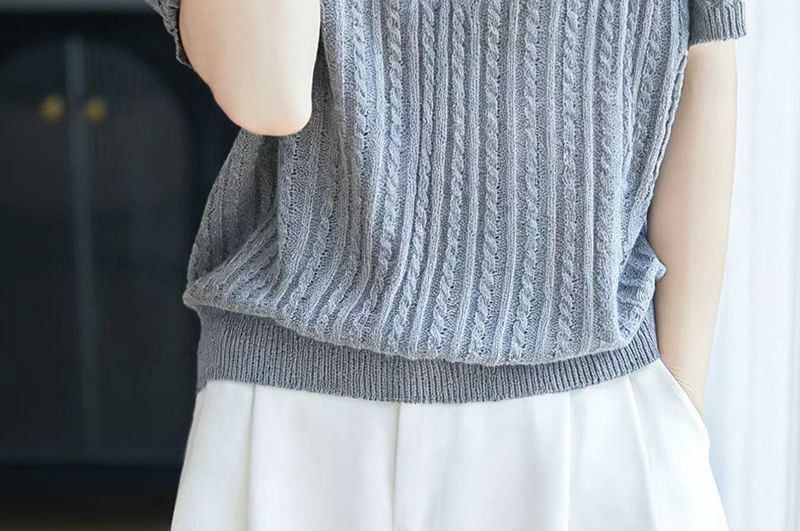 Short-Sleeve Shawl Collar Plain Cable Knit Top