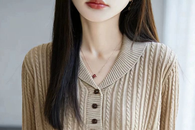 Short-Sleeve Shawl Collar Plain Cable Knit Top