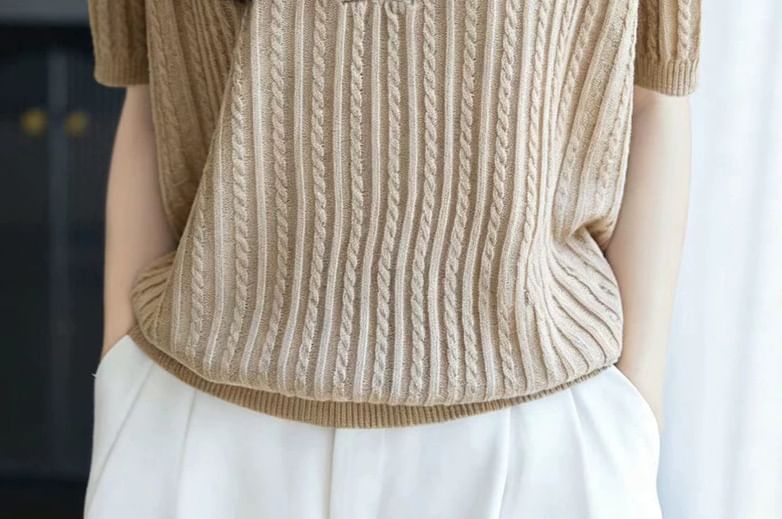 Short-Sleeve Shawl Collar Plain Cable Knit Top