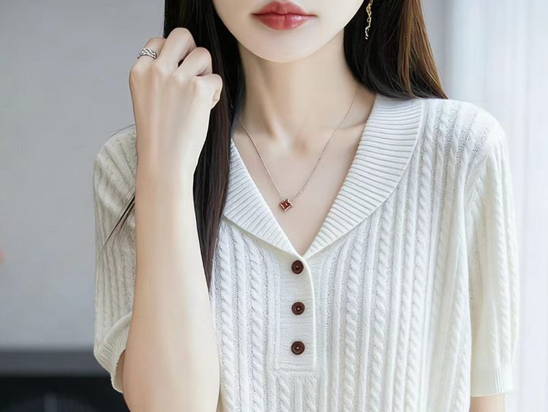 Short-Sleeve Shawl Collar Plain Cable Knit Top