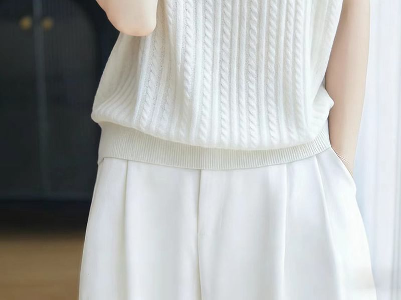 Short-Sleeve Shawl Collar Plain Cable Knit Top