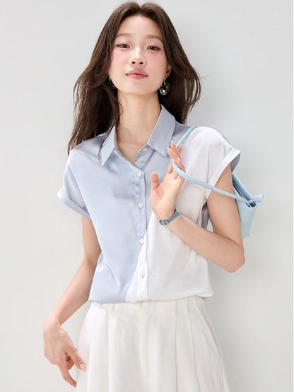 Short-Sleeve Collared Two Tone Button-Up Satin Blouse