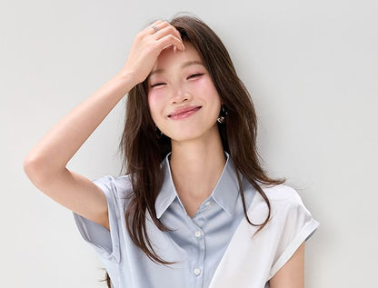 Short-Sleeve Collared Two Tone Button-Up Satin Blouse