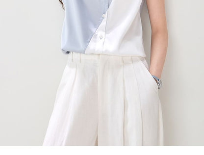 Short-Sleeve Collared Two Tone Button-Up Satin Blouse