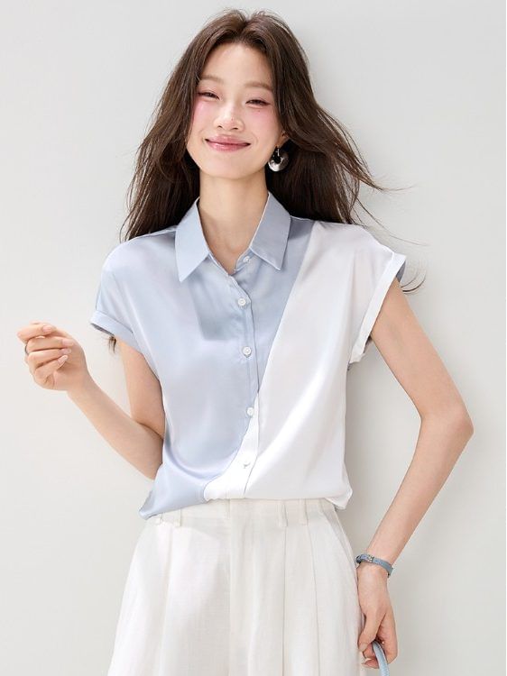 Short-Sleeve Collared Two Tone Button-Up Satin Blouse