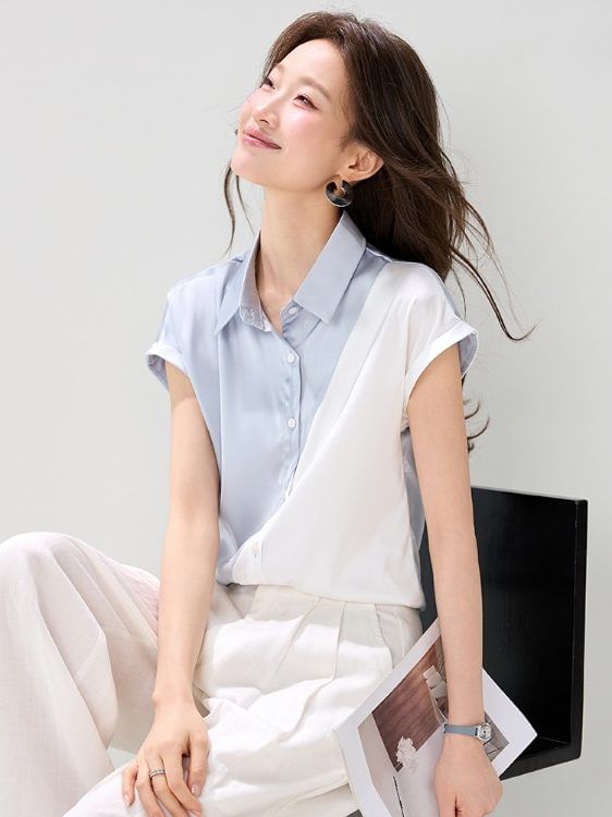 Short-Sleeve Collared Two Tone Button-Up Satin Blouse
