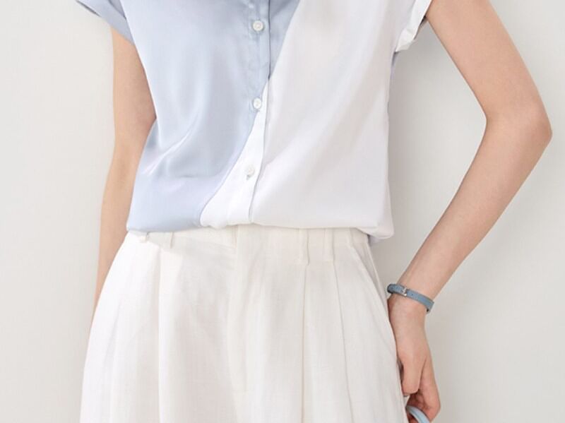 Short-Sleeve Collared Two Tone Button-Up Satin Blouse