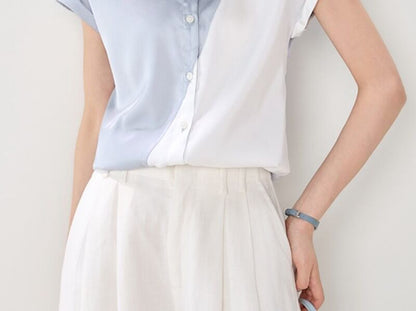 Short-Sleeve Collared Two Tone Button-Up Satin Blouse