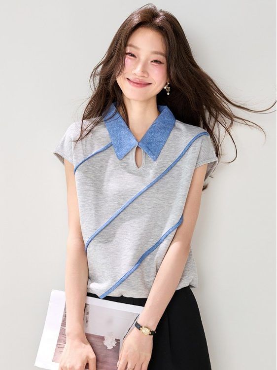 Short-Sleeve Collared Contrast Trim Cutout T-Shirt