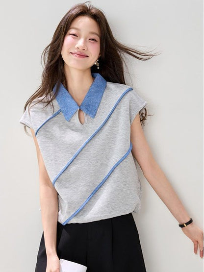 Short-Sleeve Collared Contrast Trim Cutout T-Shirt