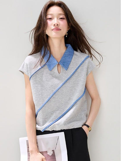 Short-Sleeve Collared Contrast Trim Cutout T-Shirt