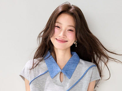 Short-Sleeve Collared Contrast Trim Cutout T-Shirt