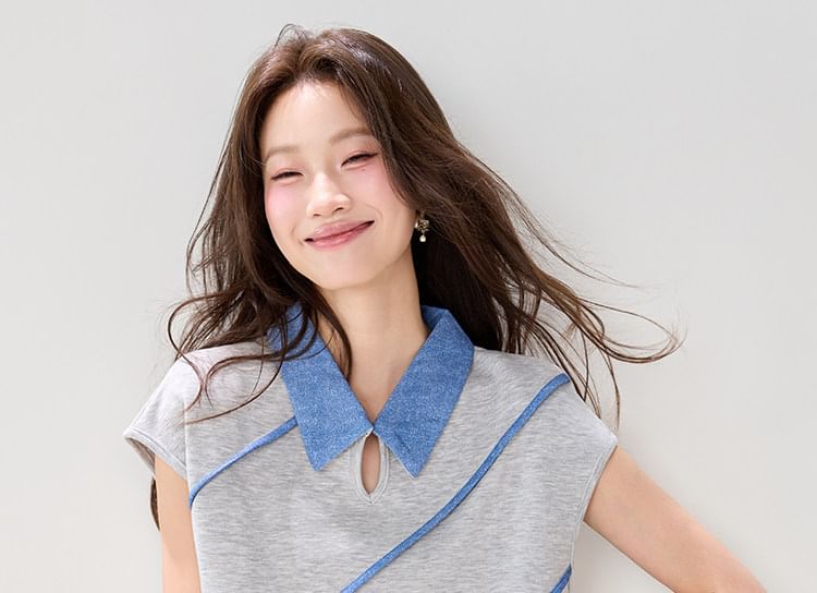 Short-Sleeve Collared Contrast Trim Cutout T-Shirt