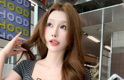 Short-Sleeve Square Neck Striped Crop T-Shirt