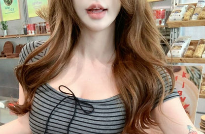 Short-Sleeve Square Neck Striped Crop T-Shirt