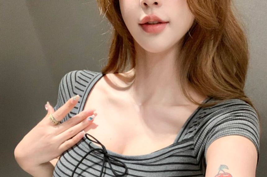 Short-Sleeve Square Neck Striped Crop T-Shirt