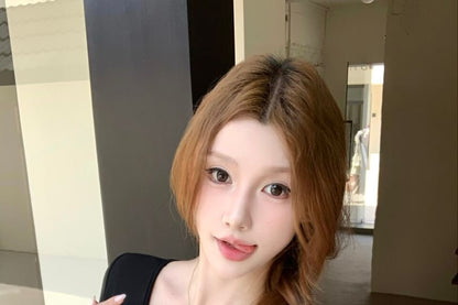 Short-Sleeve V-Neck Asymmetrical Polka Dot Panel Crop Top