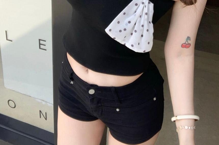 Short-Sleeve V-Neck Asymmetrical Polka Dot Panel Crop Top