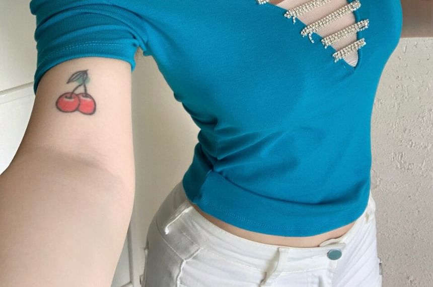 Short-Sleeve V-Neck Rhinestone Accent Crop T-Shirt