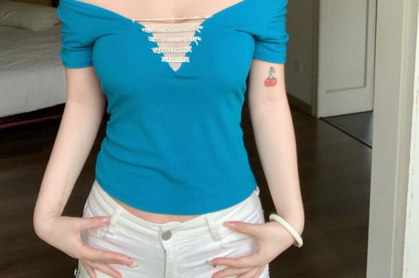 Short-Sleeve V-Neck Rhinestone Accent Crop T-Shirt