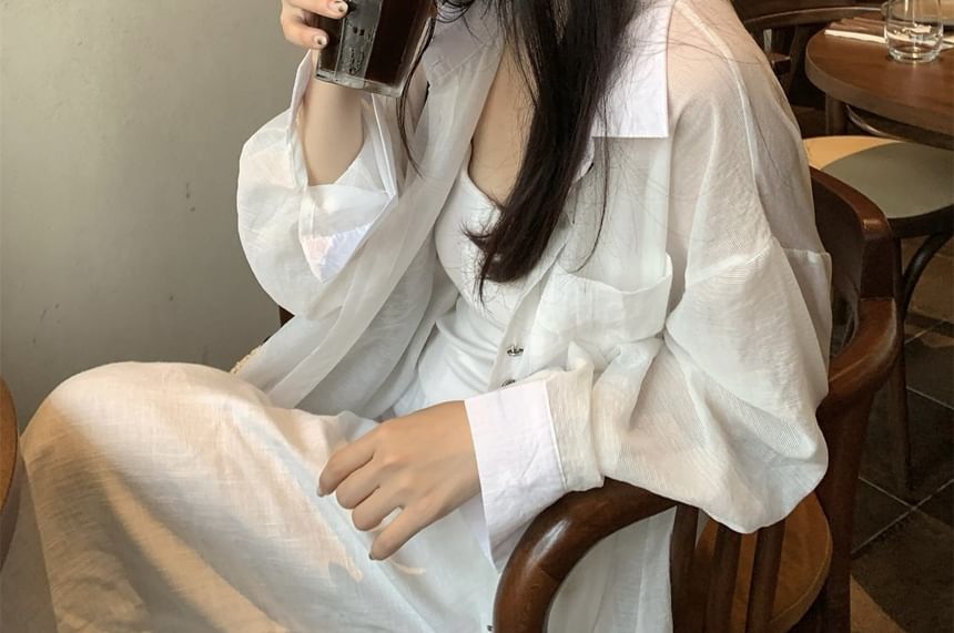 Long-Sleeve Button-Up Sheer Shirt