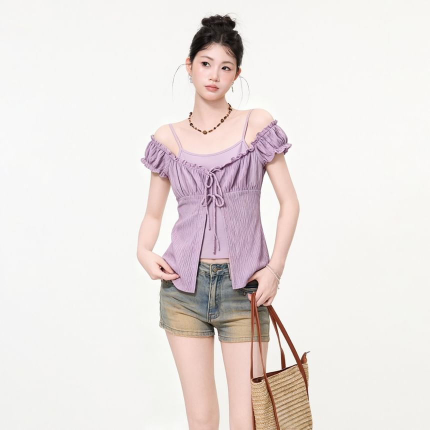 Mock Two-Piece Cap-Sleeve V-Neck Plain Frill Trim Tie Front Crop Top