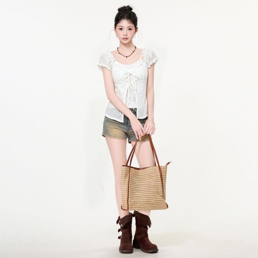 Mock Two-Piece Cap-Sleeve V-Neck Plain Frill Trim Tie Front Crop Top