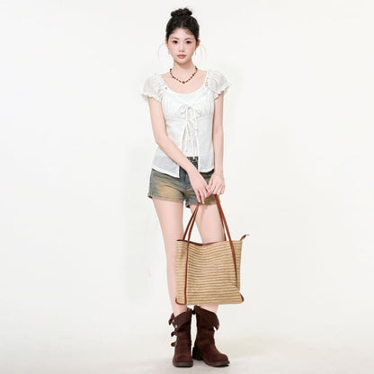 Mock Two-Piece Cap-Sleeve V-Neck Plain Frill Trim Tie Front Crop Top