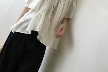 Short-Sleeve Square Neck Plain Asymmetrical Ruffle Hem Blouse