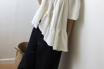 Short-Sleeve Square Neck Plain Asymmetrical Ruffle Hem Blouse