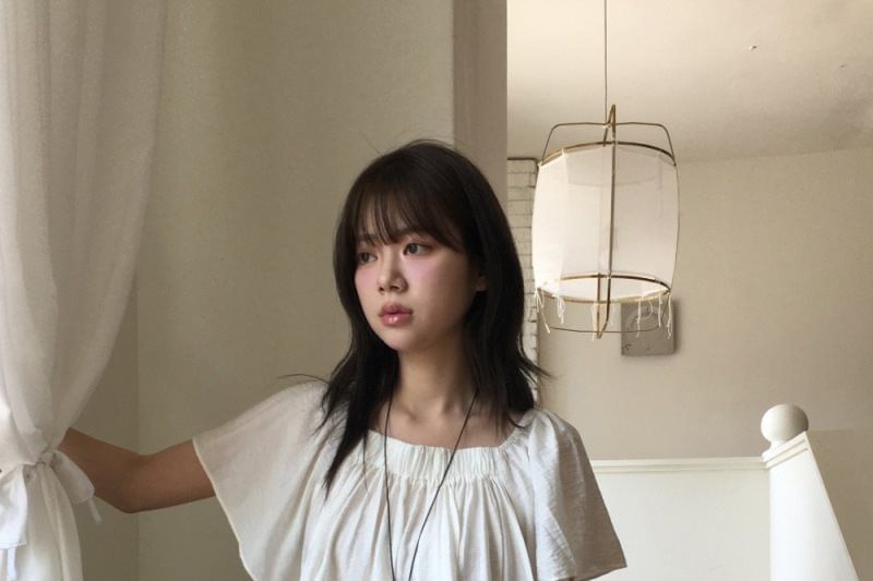 Short-Sleeve Square Neck Plain Asymmetrical Ruffle Hem Blouse