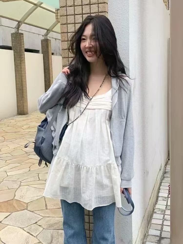 Spaghetti Strap Scoop Neck Plain Ruched Tunic