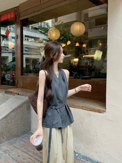 Halter V-Neck Tie Waist Button-Up Plain Top