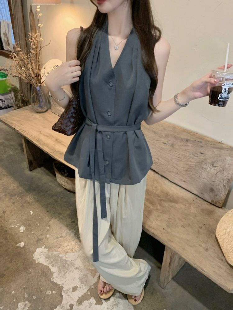 Halter V-Neck Tie Waist Button-Up Plain Top