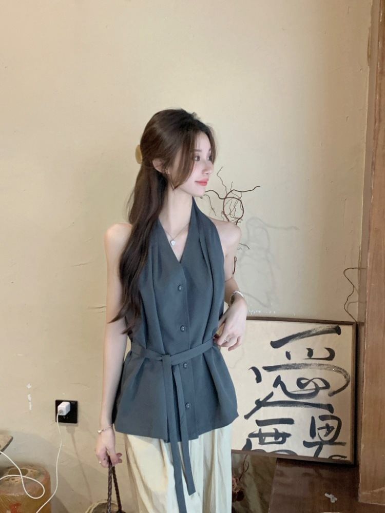 Halter V-Neck Tie Waist Button-Up Plain Top