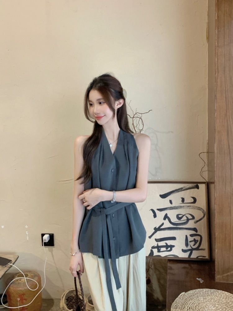 Halter V-Neck Tie Waist Button-Up Plain Top