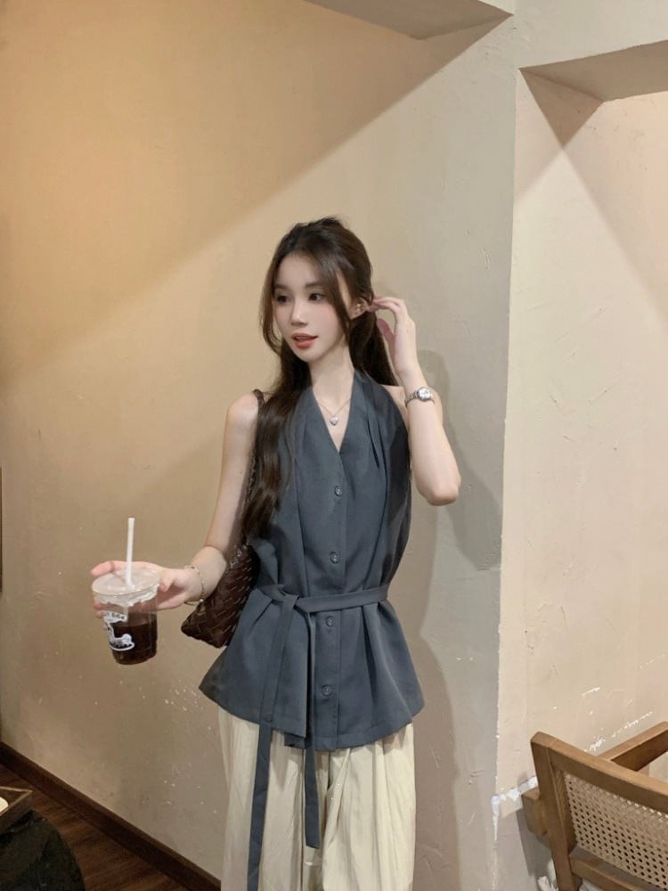 Halter V-Neck Tie Waist Button-Up Plain Top