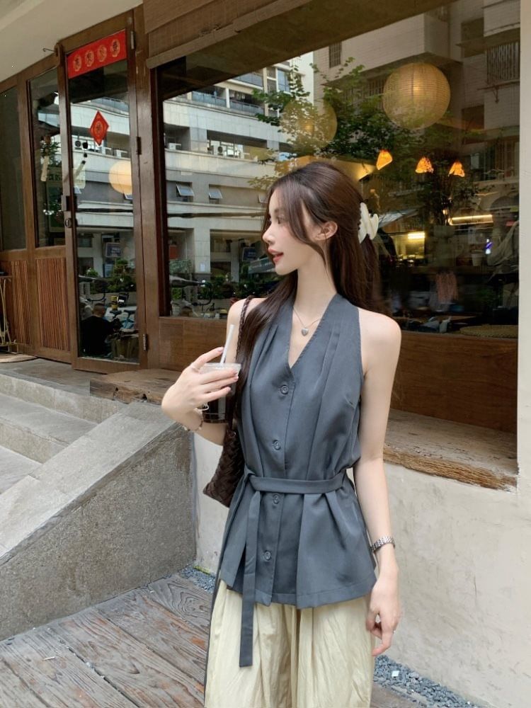 Halter V-Neck Tie Waist Button-Up Plain Top