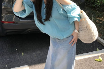 Puff-Sleeve Halter Neck Cold Shoulder Plain Bubble Hem Blouse