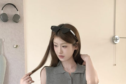Collared Half-Buttoned Plain Knit Tank Top