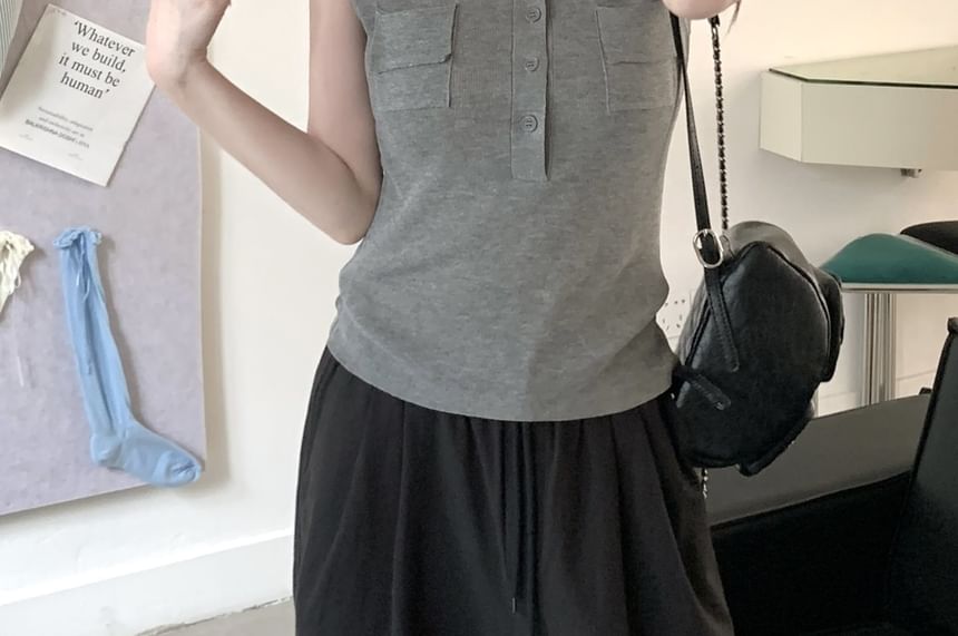 Collared Half-Buttoned Plain Knit Tank Top