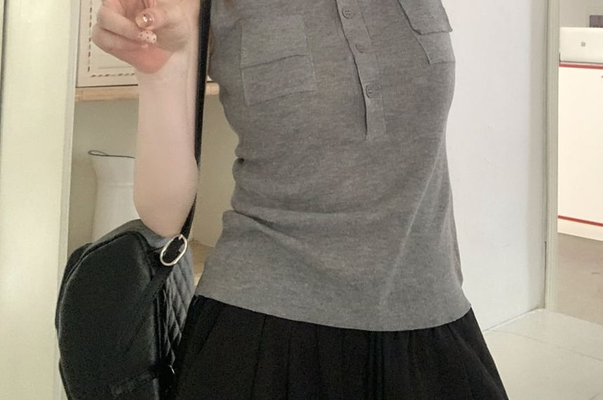 Collared Half-Buttoned Plain Knit Tank Top