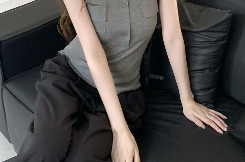 Collared Half-Buttoned Plain Knit Tank Top