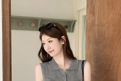 Collared Half-Buttoned Plain Knit Tank Top