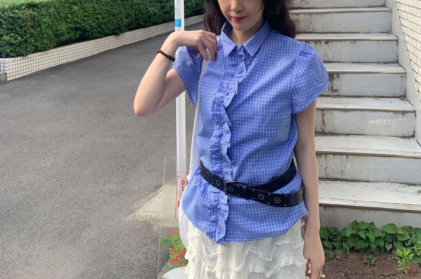 Short-Sleeve Collared Frill Trim Button-Up Blouse
